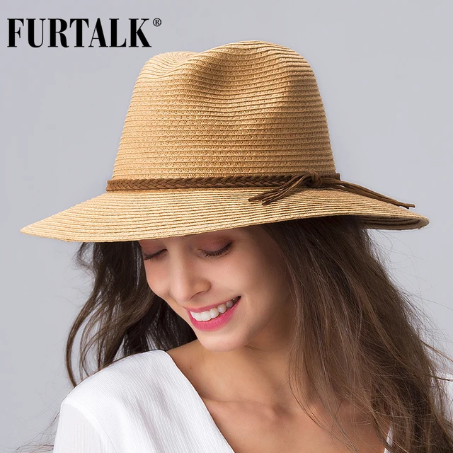 FURTALK Summer Straw Hat for Women Panama Beach Hat Bucket Sun Hats Female Summer Big Brim UV Protection Cap chapeau femme 2020 2