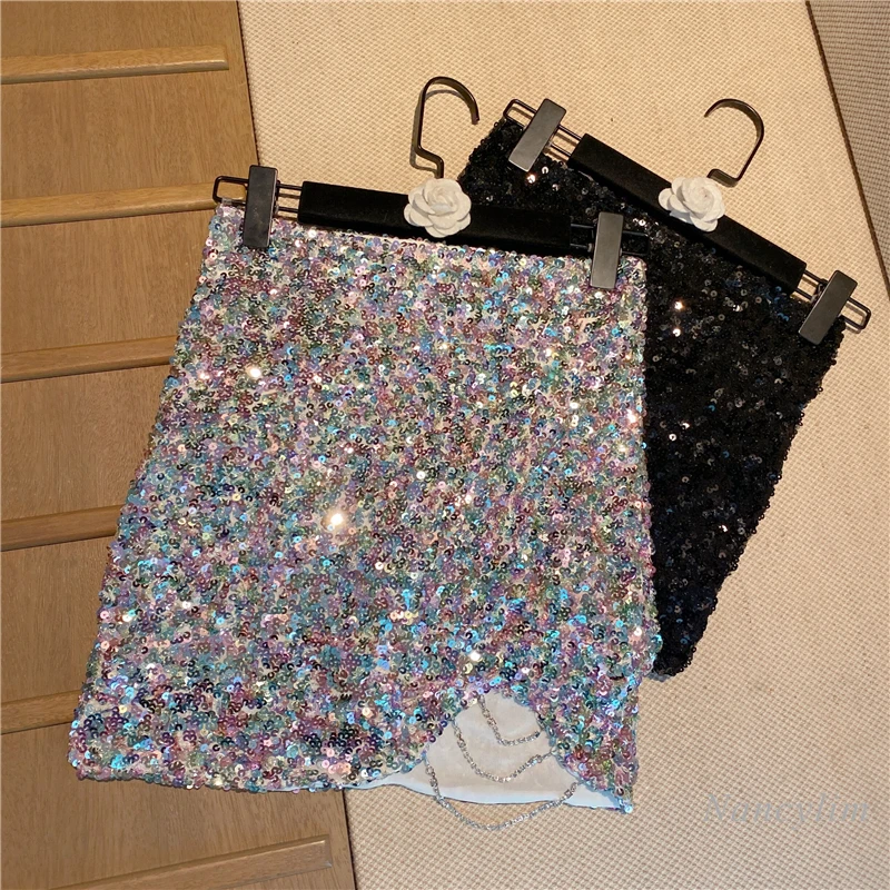 

2020 Autumn and Winter New Boot Skirt Nightclub Queen Style Sparkling Rhinestones Sequined High Waist Skirts Women