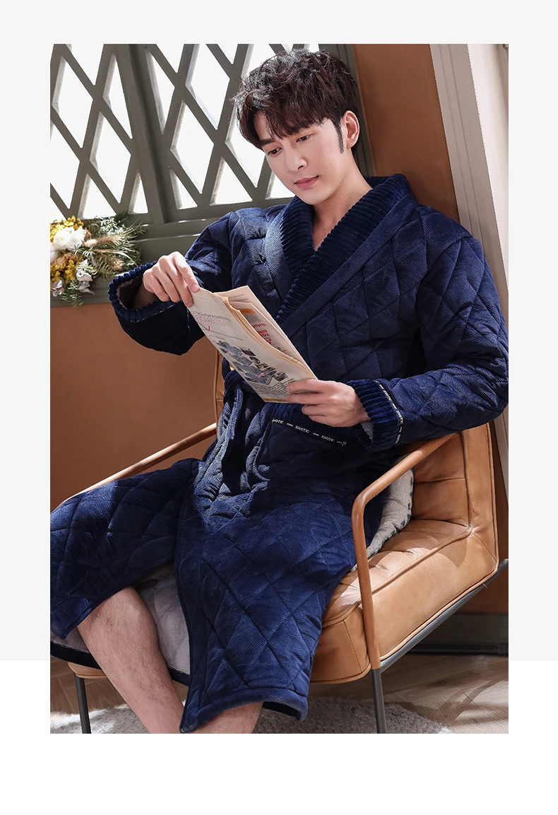 Men's Winter Plush Quilted Lengthened Shawl Bathrobe Home Clothes Long Sleeved Robe Coat men robe thick pijamas hombre robes 3XL