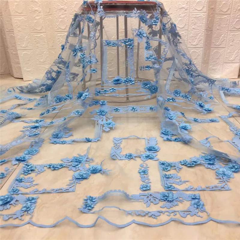 Небесно голубая Свадебная французская кружевная ткань Оранжевый 3D Цветочный