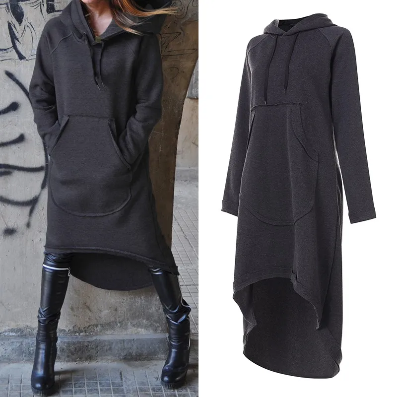 Plus Size Women's Sweatshirts Midi Hoodies Dress 2019 ZANZEA Irregular Vestidos Female Long Sleeve