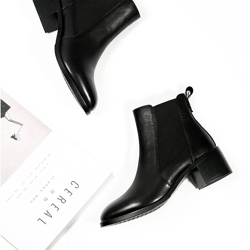 

Mordoan Genuine Cow Leather Thick-Soled Mid-Heeled 2020 Autumn New Black Short Boots Woman Chelsea Boots Ankle Boots