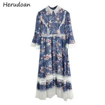 

Herudoan Fashion Designer 2020 Summer Midi Dress Women Flare Sleeve Lace Patchwork Flower Print Ladies Elegant Party Dresses