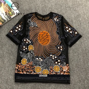 

SEQINYY Runway T Shirt 2020 Summer Spring New Fashion Design Women Short Sleeve Vintage Art Embroidery Flowers Mesh Black Top