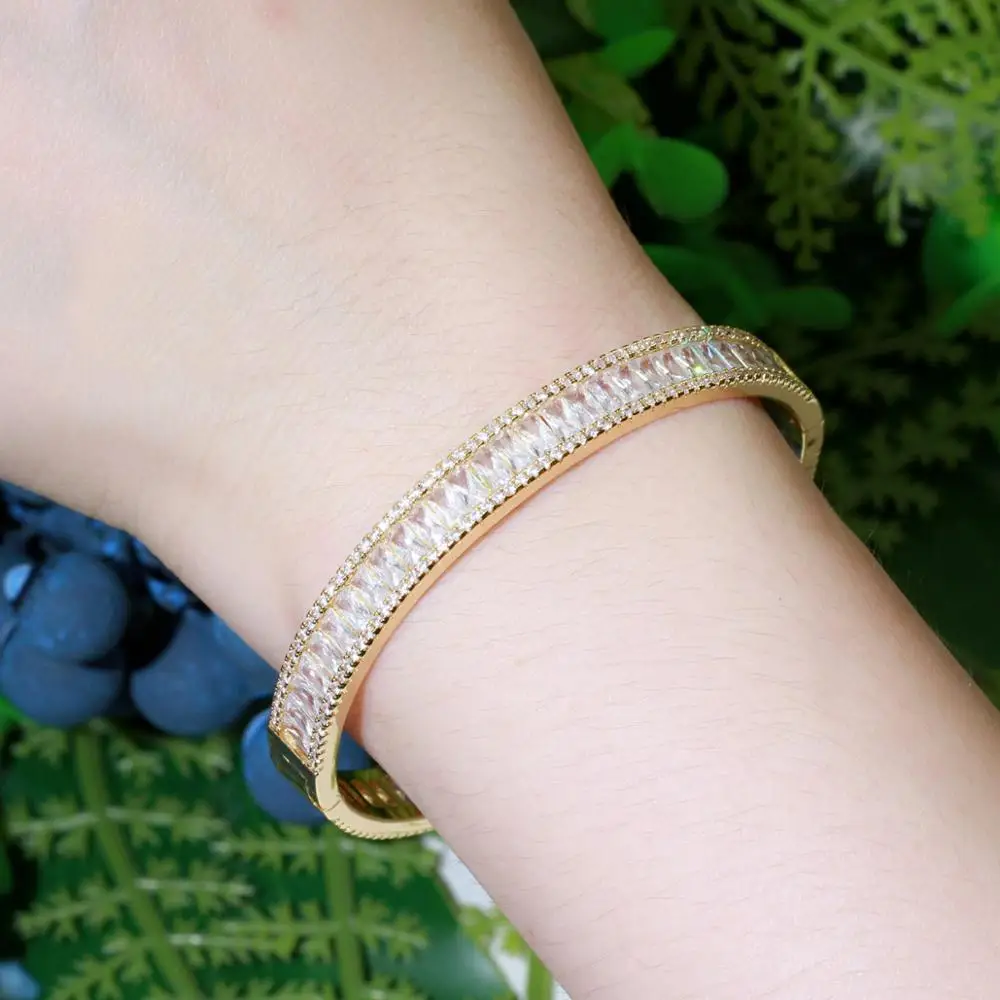 CWWZircons Luxury Baguette CZ Cubic Zircon Round Open Bangle Bracelet New Trendy Brand Women Party Wedding Bridal Jewelry BG042 3