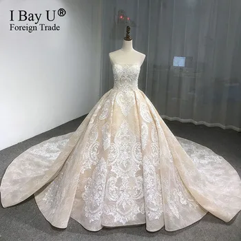 شراءفساتين زفاف فاخرة دانتيل فاتح شامبانيا طول الأرض زين دانتيل Uo ظهر بدون ظهر فستان زفاف Vestido De Noiva