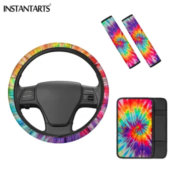 

INSTANTARTS Car Interior Accessories Set Tie-dye Printing Car Armrest Box Cover Suitable for Most Vehicles Steering Wheel Covers