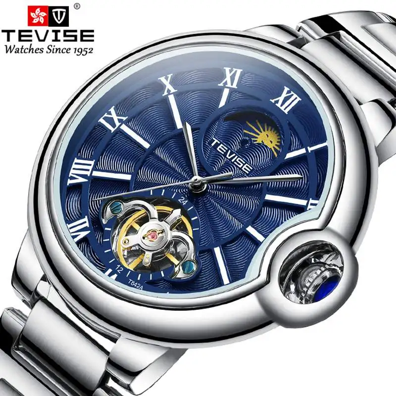 

New Fashion TEVISE Automatic Mechanical Men Watch Top Luxury Brand Men Stainlesss steel Wristwatch Moon phase Tourbillon Clock