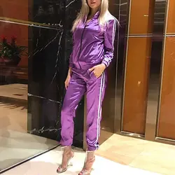 2019 новый осенний Повседневный Спортивный костюм женский комплект из 2 предметов топ и брюки атласная полосатая Лоскутная молния