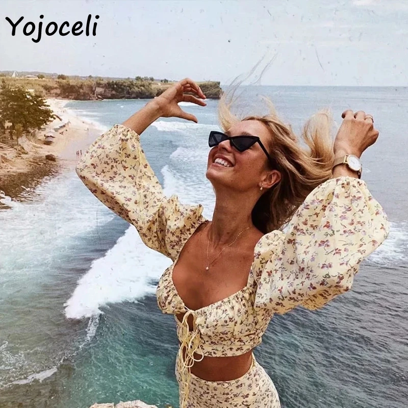 Yojoceli, квадратная горловина, цветочный принт, блузки, рубашка, для женщин, длинный рукав, Обрезанные блузки, женские блузки, рубашка