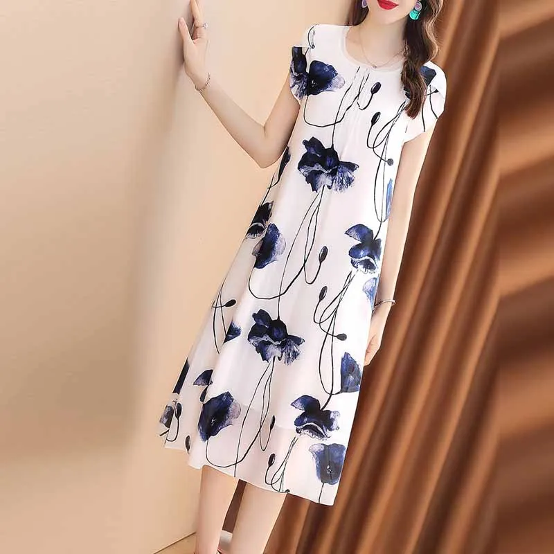 

Ozhouzhan White Floral Printed Dress Women's 2019 New Style Summer Silkworm Imitated Silk Fabric Loose Short Sleeve Mid-length