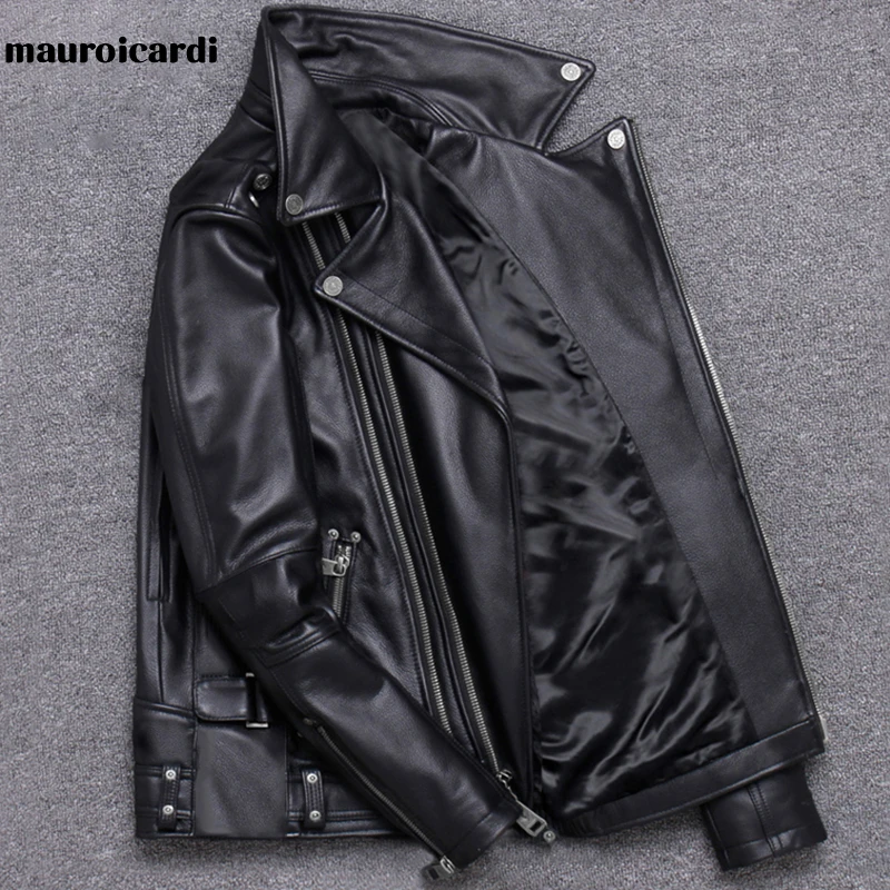 Mauroicardi Spring Black Pu Leather Motorcycle Jacket for Men Style Long Sleeve Zipper Pockets Mens Leather Jackets and Coats 3