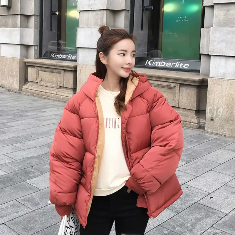 Korean Womens Winter Thicken Cotton-Padded Hooded Jacket Solid Color Oversized Loose Bread Outerwear Zipper Warm Coat