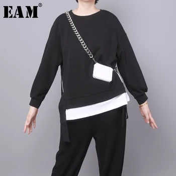 

[EAM] Women Black Contrast Color Split Big Size T-shirt New Round Neck Long Sleeve Fashion Tide Spring Autumn 2020 1D850