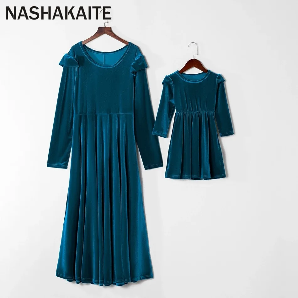 Lake Blue NASHAKAITE/осенне-зимнее платье для мамы и дочки; теплое платье из замши с длинными рукавами; платья для мамы и дочки; одежда «Мама и я» - Цвет: Lake Blue