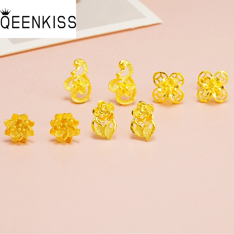 

QEENKISS 24KT Gold Flower Rose Stud Earrings For Women Fine Wholesale Jewelry Wedding Party Bride Ladies Girl Mother Gift EG503