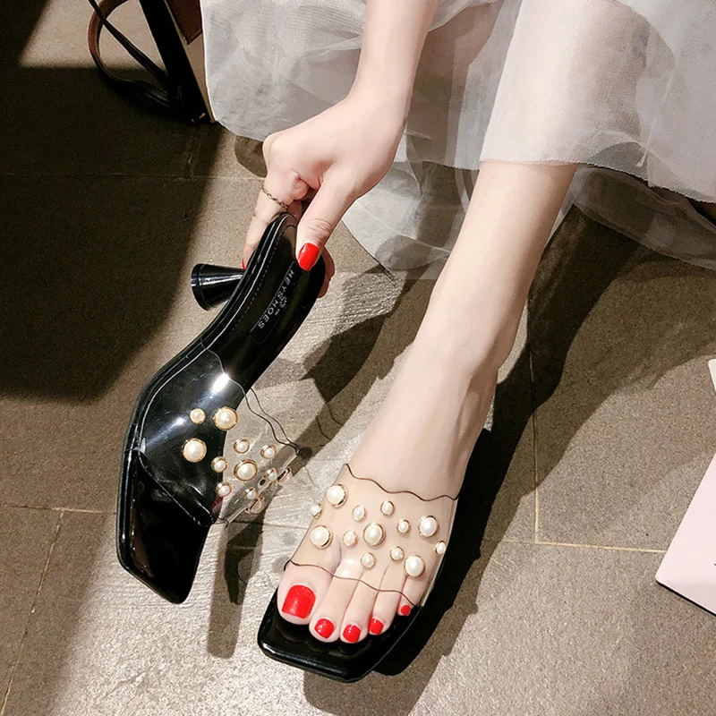 

Women's Slippers 2019 Slides Transparent Heel Med Socofy Shoes Heeled Mules Rivet Fashion New Soft Heels Luxury Autumn PU High