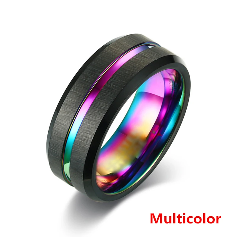 8MM Men's Stainless Steel Rings Blue Red Colorful Groove Beveled Edge Wedding Engagement Ring Men's Anniversary Jewelry wedding rings finger rings jewelry rings ring jewelry