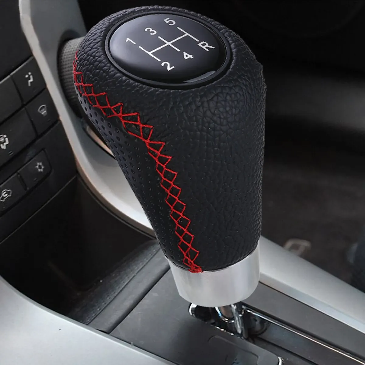 5 Speed Genuine Leather Gearstick Head Knob Red Stitch Car Gear Stick Shift Knob Universal Manual for Car Interior Accessory