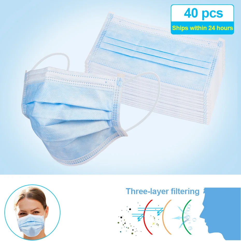 

40pcs/lot 3 Layers Filter Dustproof Earloop Non Woven Mouth Masks Anti-Pollution Filter Face Mouth Mask Disposable Protect FFP2