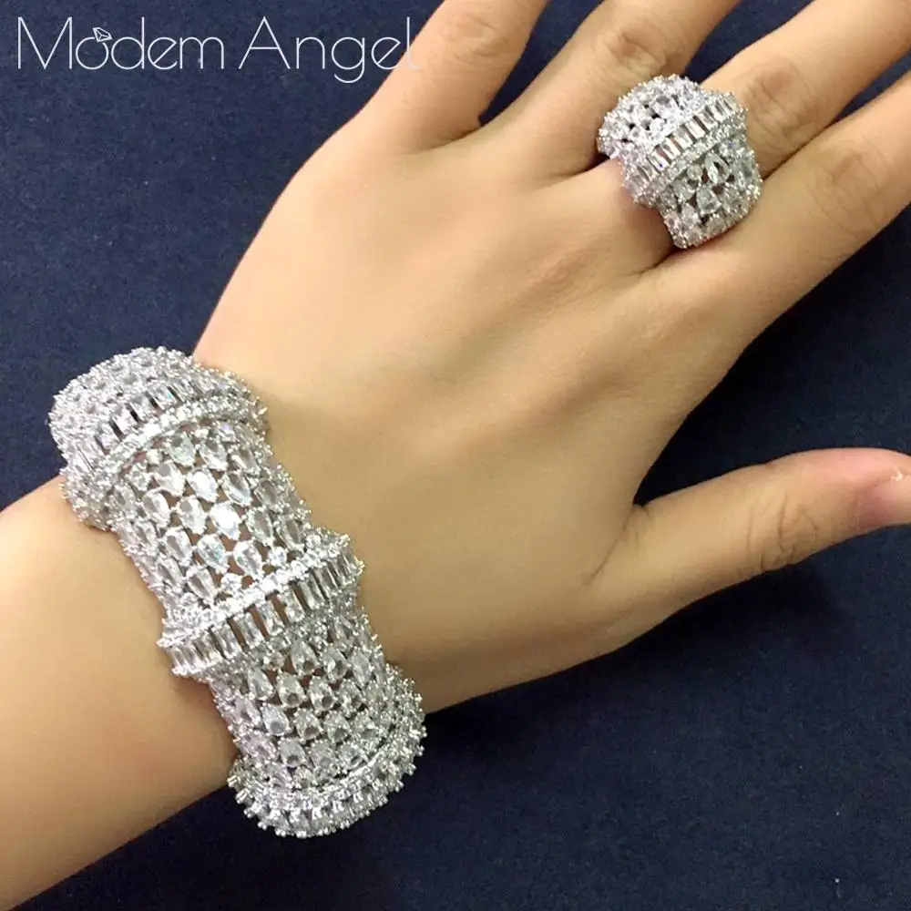 Платиновое покрытие ModemAngel, 2 шт., браслеты/кольцо, роскошный, кубический цирконий, Открытый браслет, изменяемый размер, кольца, модные, для девочек, для женщин, Патри, свадебные ювелирные наборы - Окраска металла: Платиновое покрытие