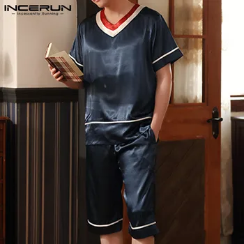 

2020 Men Pajamas Sets Patchwork Breathable Soft Short Sleeve Homewear V Neck Sleepwear Shorts Summer Nightwear Suit INCERUN 5XL