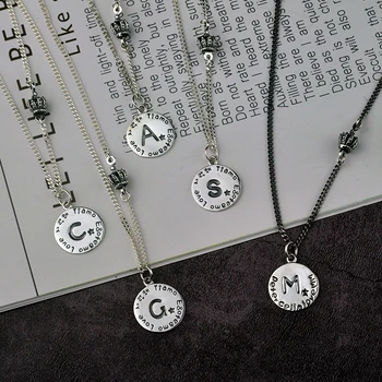 

Vintage Letter Round Necklace For Woman S925 Sterling Silver Round Tag Necklaces Fashion 26 Letters Pendant Necklace