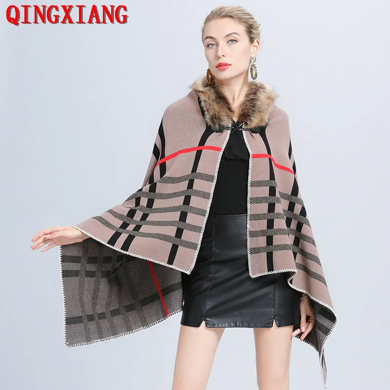 

2020 New Red 3 Colors Striped Pashmina Women Fur Neck Poncho Black Khaki Plus Size Shawl Knitted Ox Horn Buckle Streetwear