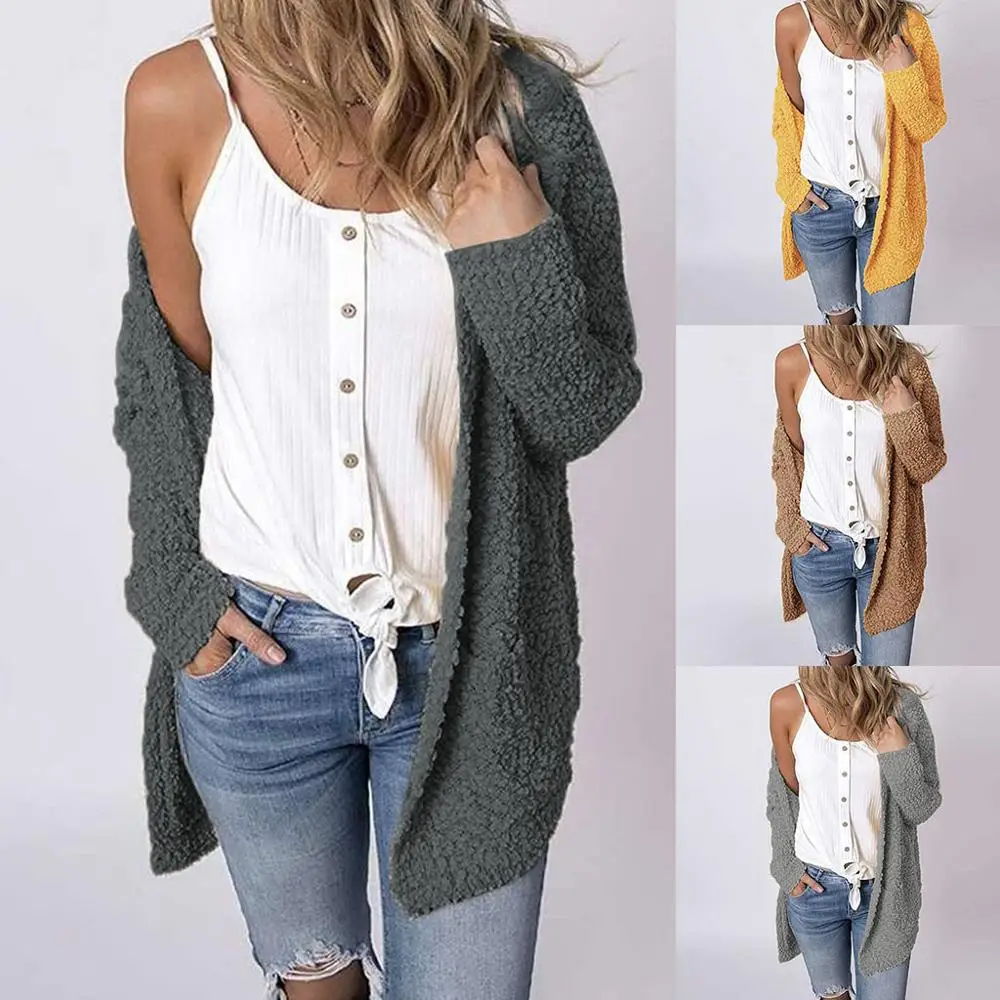 

Winter Women Fleece Long Sleeve Open Front with Pockets Woolen Sweater Coat Jacket Cardigan Solid Color Daily Casual#D
