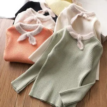 

Autumn Girls Sweaters Winter Knitted Pullover Solid Color Kids Sweater Children'S Clothing Baby Clothes With Bow Outerwear Botto