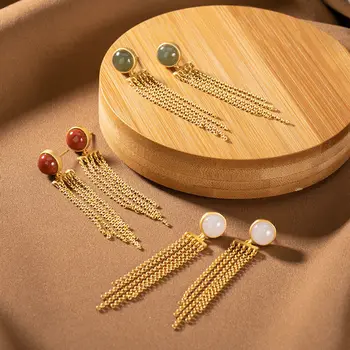 

silver natural Hetian chalcedony round Tassel Earrings Chinese style retro three color matching charming women's brand jewelry