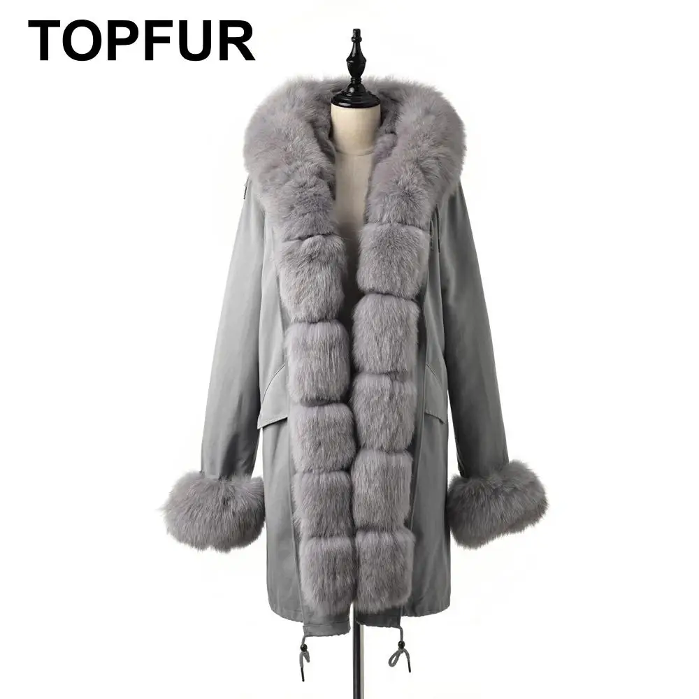 Женская меховая парка с капюшоном серая натуральным мехом лисы зимняя верхняя
