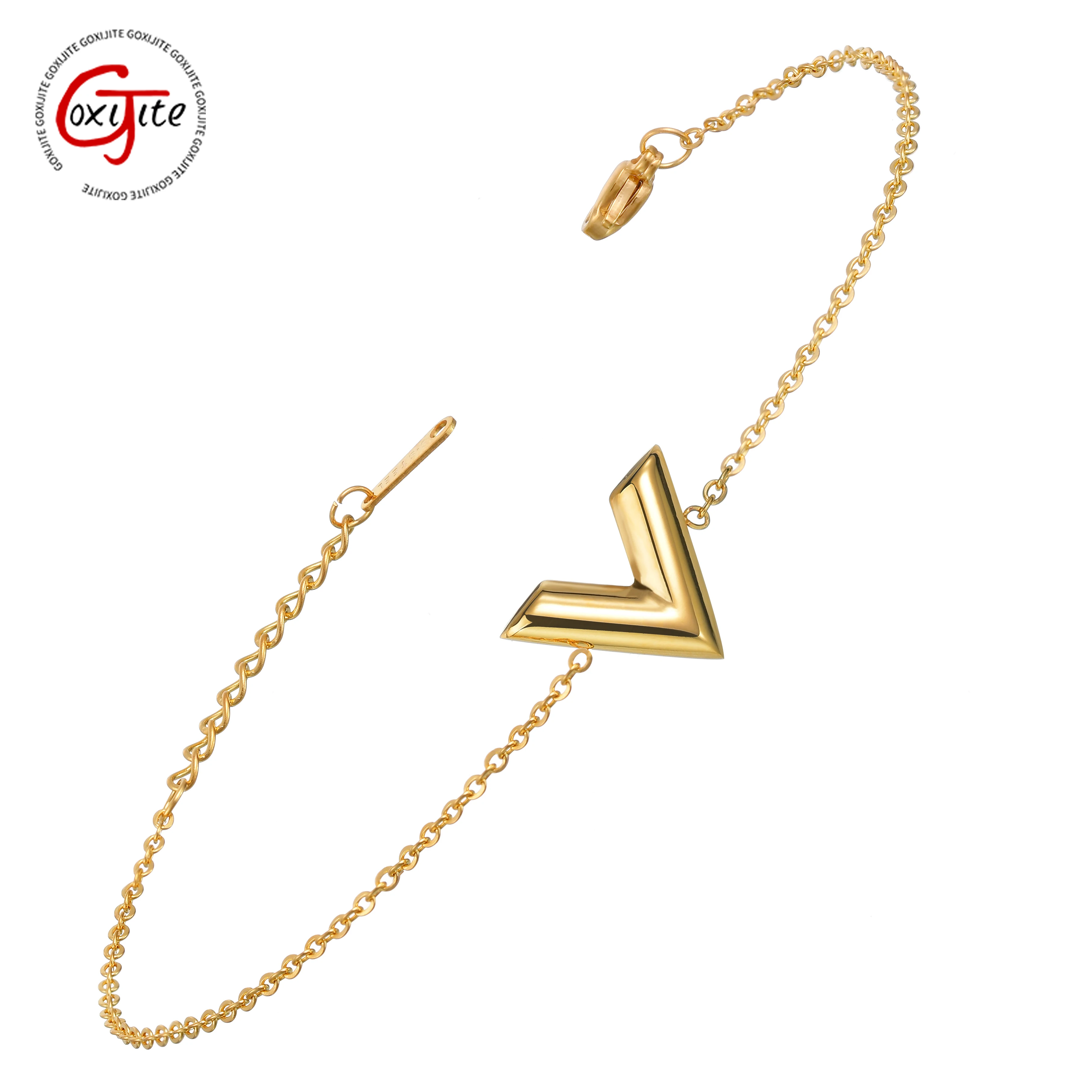 Goxijite простая Буква V браслет для женщин нержавеющая сталь серебро V браслеты с подвесками ювелирные изделия подарок Прямая