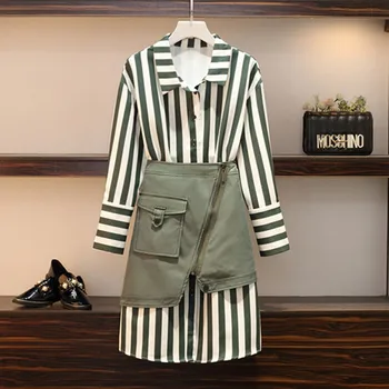 

2 Piece Set 2019 Spring Women's Cotton Long Striped Tshirt Tops+Green Mini Skirt Sets Women Fashion Plus Size Skirts Suits