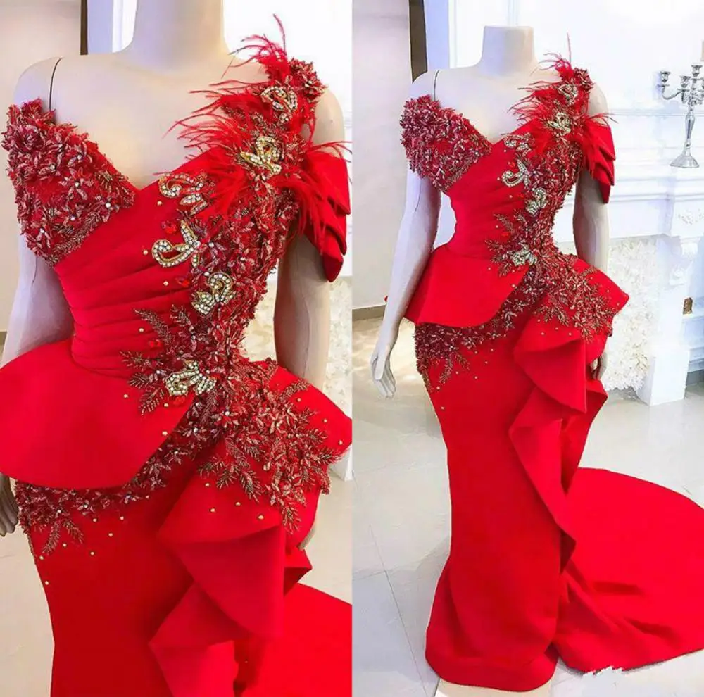 

Женское вечернее платье-русалка, роскошное красное кружевное платье с оборками и баской, платье для выпускного вечера в Африканском и арабском стиле, 2020