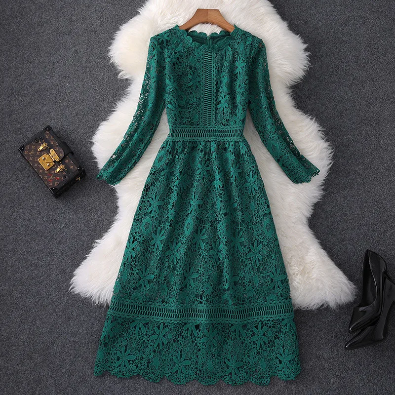 Весеннее женское платье для подиума, модное элегантное женское платье с открытыми рукавами и вышивкой, зеленое кружевное платье, вечерние платья