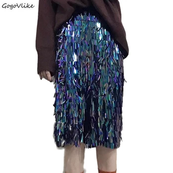 

Summer Laser Shiny Sequins Skirts Women Bling Bling Sequind Skirt Lady Tassels Silver Skirts Party High Waist Bottoms SA518S30