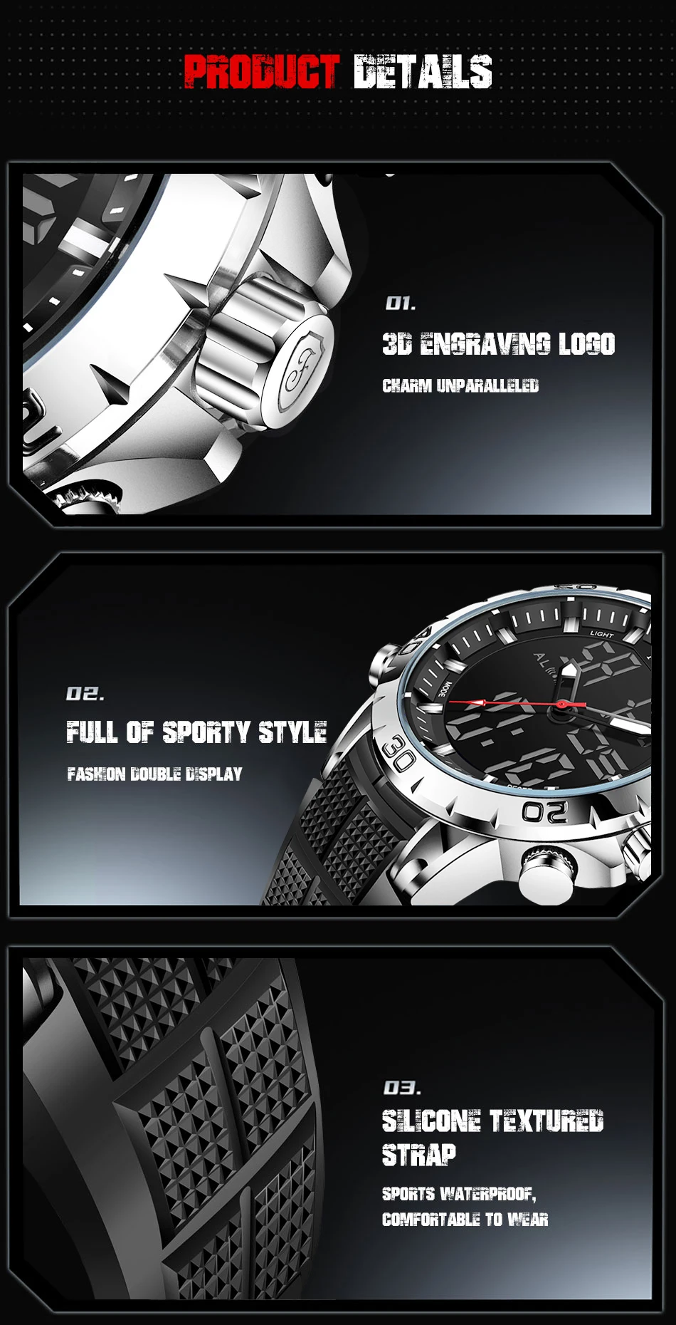 Sports Watch For Men  Dual Display 50M Waterproof Quartz Watches Chronograph Digital Alarm Clock Military WristWatch_voghion.com