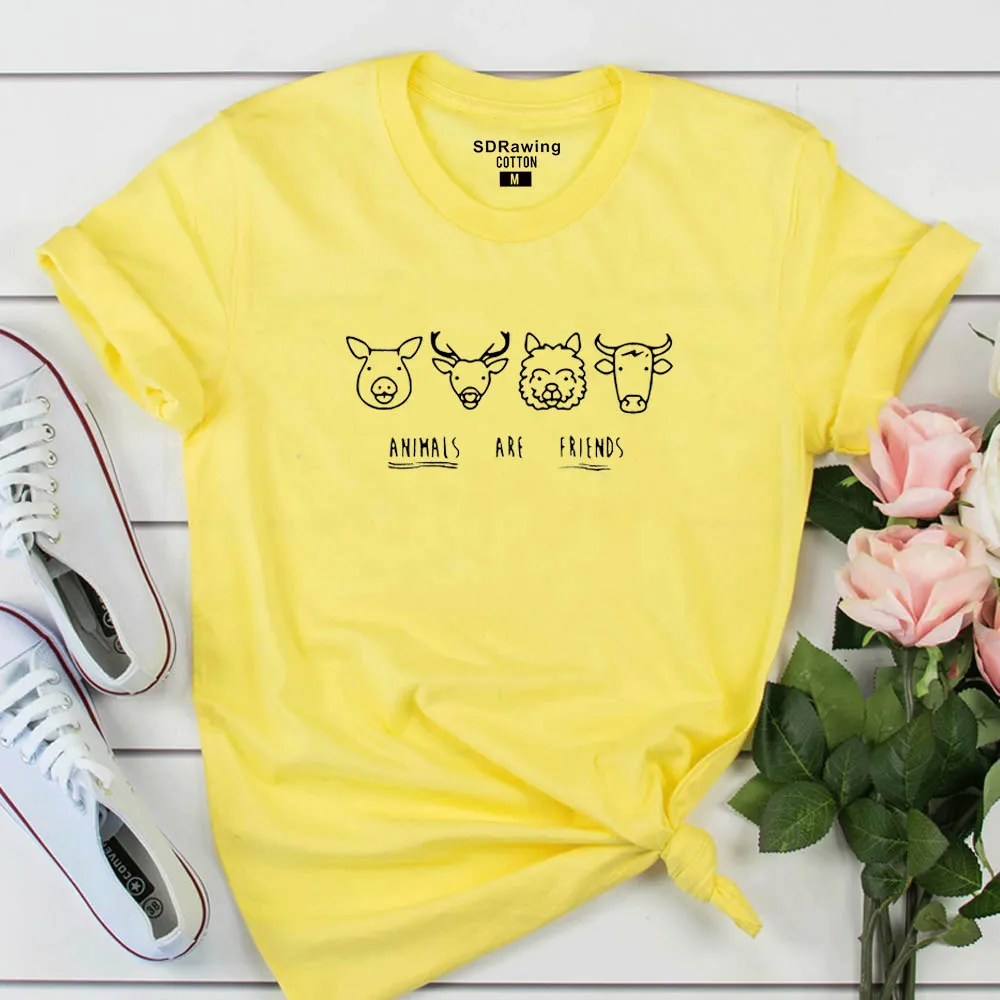 Цвет: желтый Harajuku/милые хлопковые футболки с принтом Animals Are Friends, футболки для веганов, женская одежда унисекс, повседневные топы, футболки с круглым вырезом, S-3XLdrop - Цвет: Цвет: желтый