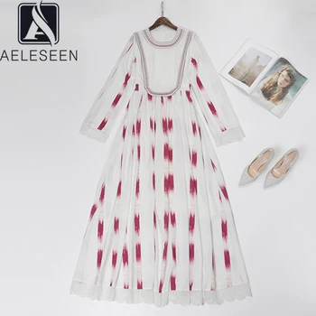 

AELESEEN 2020 New Arrival Retro Runway Design Print Dresses Women Luxury Embroidery On Chest Elegant Lace Sleeve Long Dress