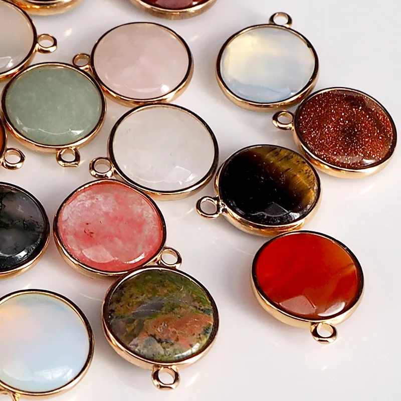 Natural Stone Round Pink Crystal Opal Agate Tiger's Eye Pendants fit Chakras Earrings Necklace Jewelry Making