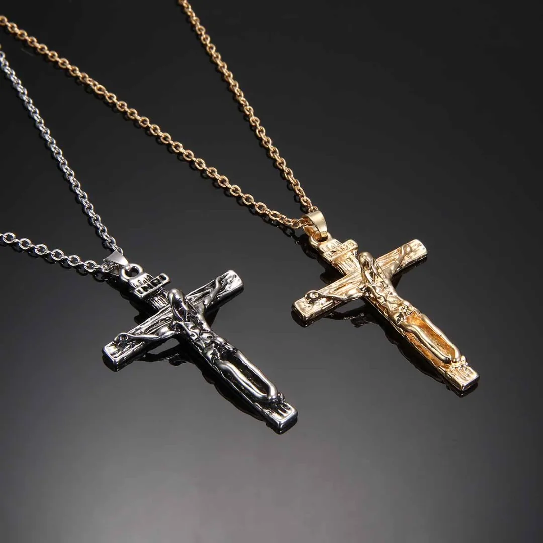 Ожерелье с крестом распятием длинная цепь из посеребренной меди мужское