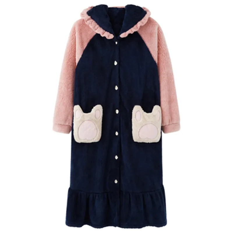New Robe Autumn And Winter Pajamas Female Coral Velvet Thickened Warm Korean Home Wear Flannel Long Nightgown Student Doll Hood