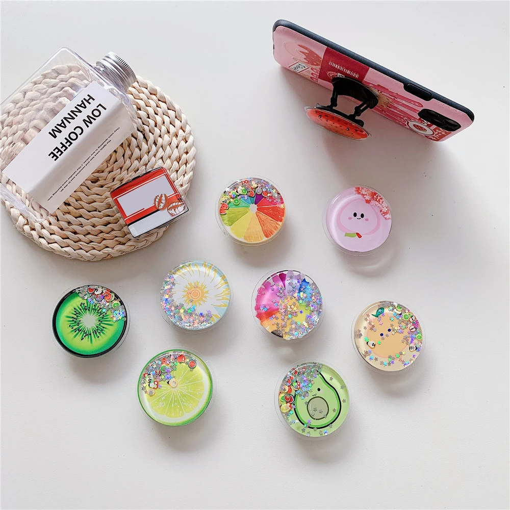 

Cute Summer Fruit Soft Phone Holder Stand Flower Avocado Lemon Glitter Mobile Grip for iPhone 11 XR 7 8 Ring Holder Kawaii Girl