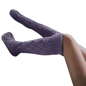 

Women Girls Cable Knit Rhombus Cuffed Long Socks Solid Color Preppy Style Over Knee High Stockings with Drawstring Pompom Ball