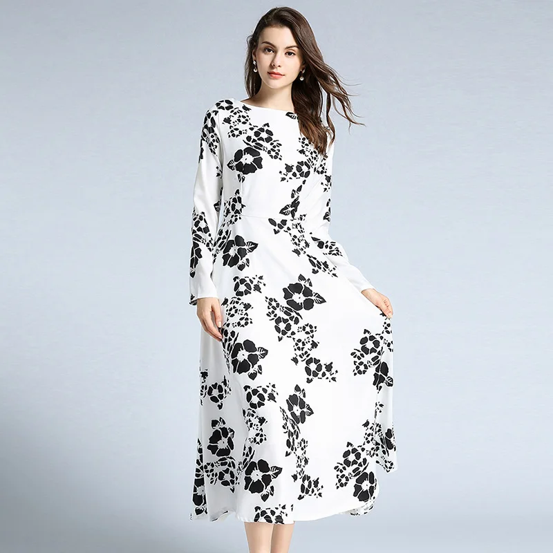 

Elegant Floral Dresses Women High Quality Cotton Long Sleeve Loose Casual Long Dress Print Flower Boho Party Maxi Autumn Female