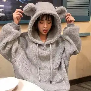 Серый Kawaii Для женщин толстовки пуловер для девочек зимний пушистый Мишка с ушками; толстовка; куртка с капюшоном теплая верхняя одежда пальто Изящный свитшот для девочек Повседневное Толстовка Для женщин Повседневное с длинным рукавом карман пуловер с капюшоном осеннее пальто - Цвет: Серый
