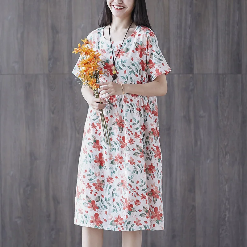 

2019 Summer Wear New Style Large Size Dress Loose Cotton Linen Printed Mid-length Slimming Short-sleeve Dress Women's