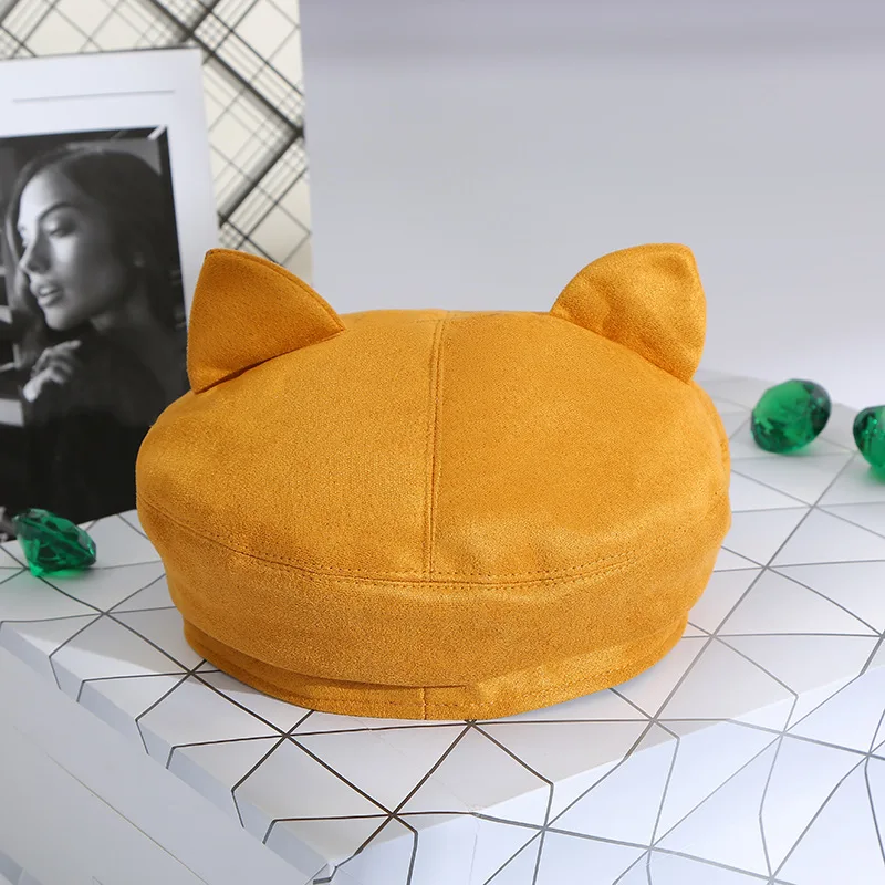 orange Японский кавайный берет с кошачьими ушками, шапка для женщин и девочек, милая Кепка, винтажная одноцветная Классическая Восьмиугольные шляпы, берет для женщин, шапка для художника s - Цвет: orange