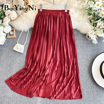 

Beiyingni Bling High Waist Skirt Women Long Pleated Vintage Korean Casual Slim Lining Skirts Fashion Promotions Lady Black Pink